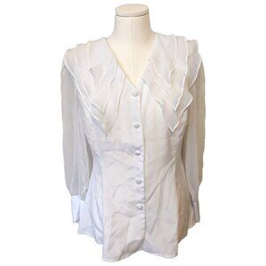Vintage 80s White Blouse Ruffle Collar Sheer Sleeve Button Up Shoulder Pads Sz L